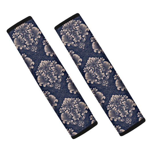Blue And Brown Damask Pattern Print Car Seat Belt Covers