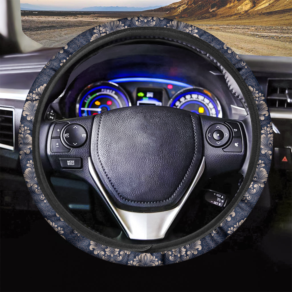 Blue And Brown Damask Pattern Print Car Steering Wheel Cover