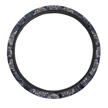 Blue And Brown Damask Pattern Print Car Steering Wheel Cover