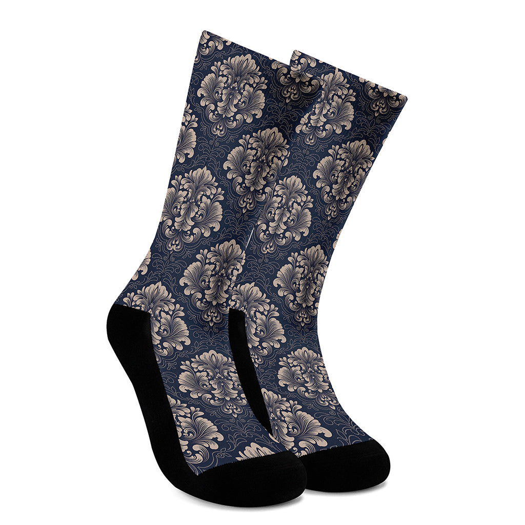 Blue And Brown Damask Pattern Print Crew Socks