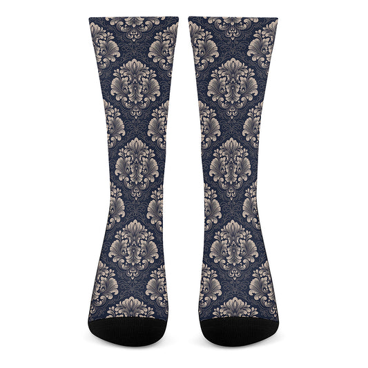Blue And Brown Damask Pattern Print Crew Socks