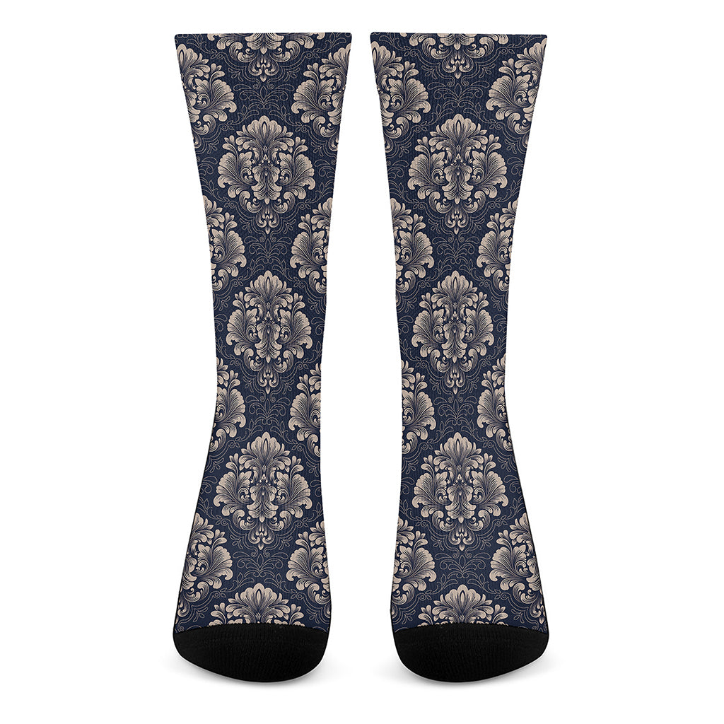 Blue And Brown Damask Pattern Print Crew Socks