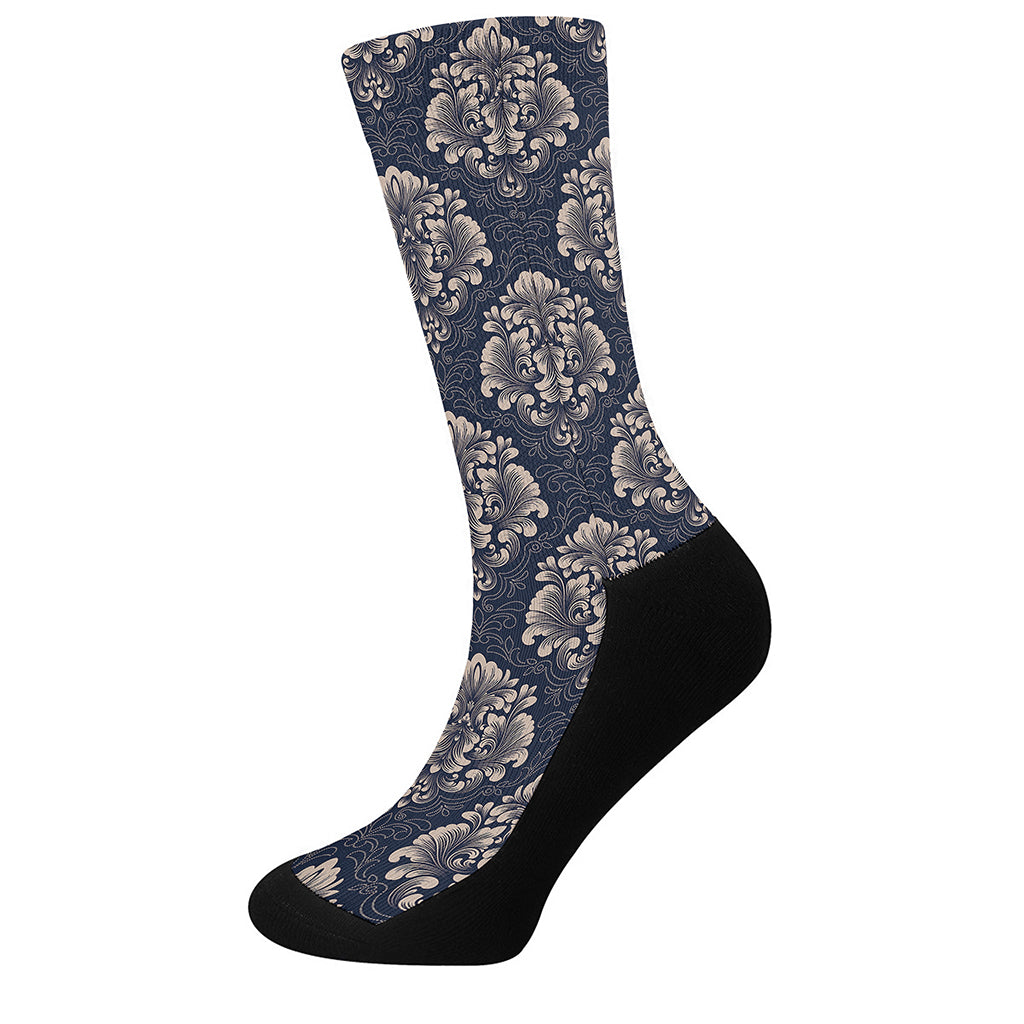 Blue And Brown Damask Pattern Print Crew Socks