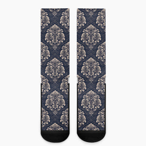 Blue And Brown Damask Pattern Print Crew Socks