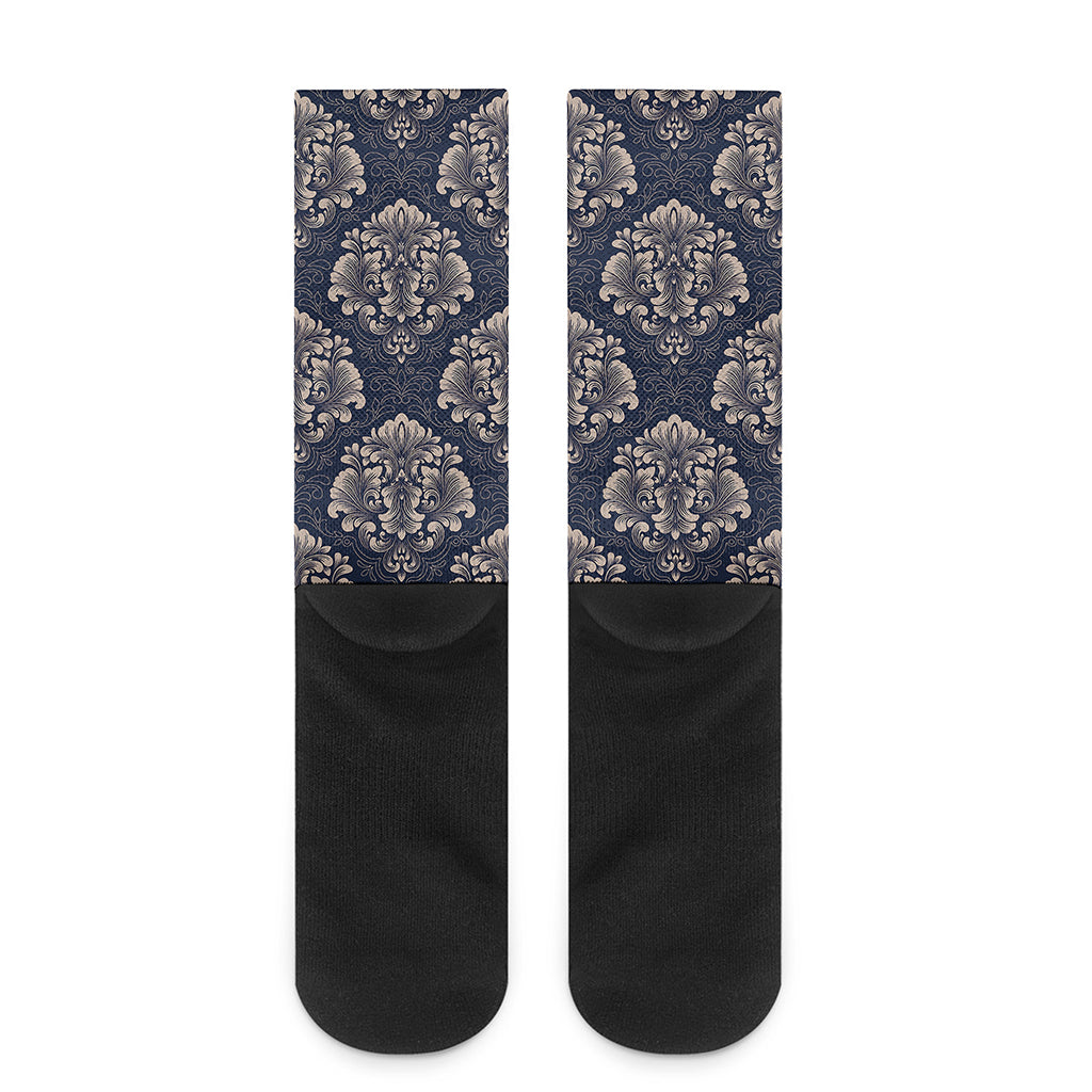 Blue And Brown Damask Pattern Print Crew Socks