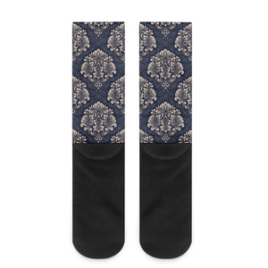 Blue And Brown Damask Pattern Print Crew Socks