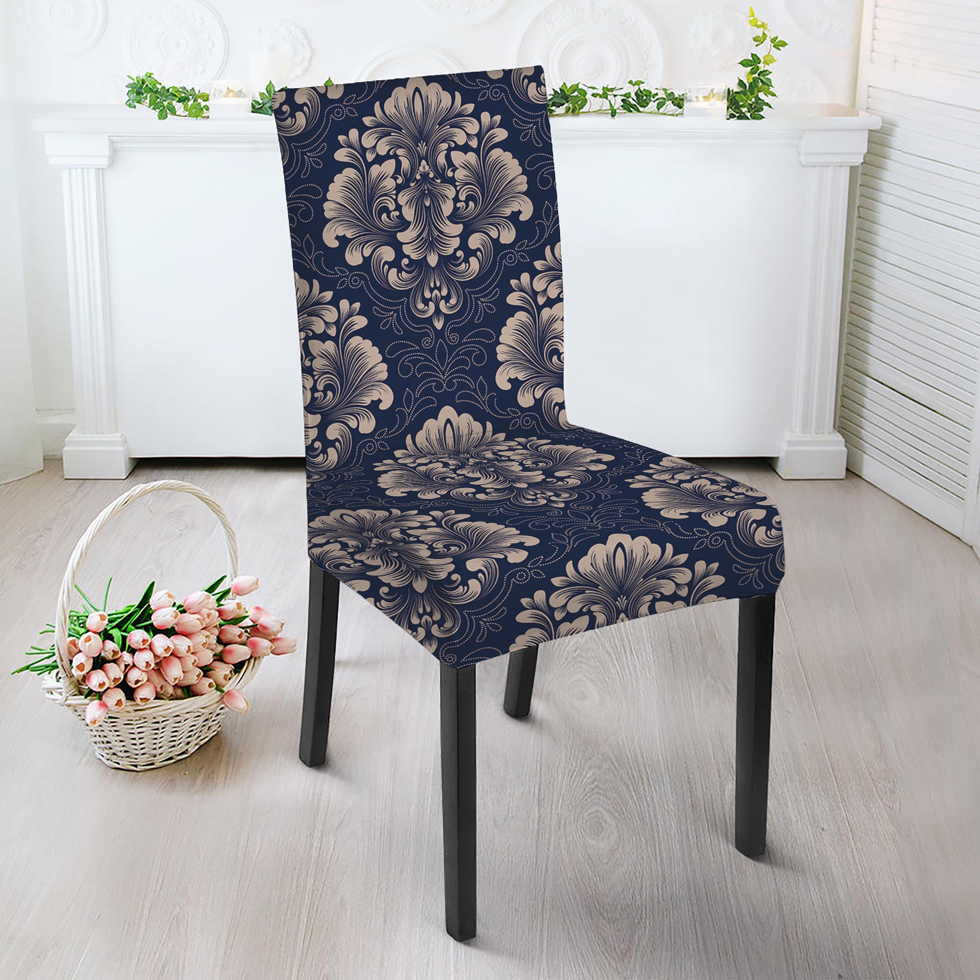 Blue And Brown Damask Pattern Print Dining Chair Slipcover