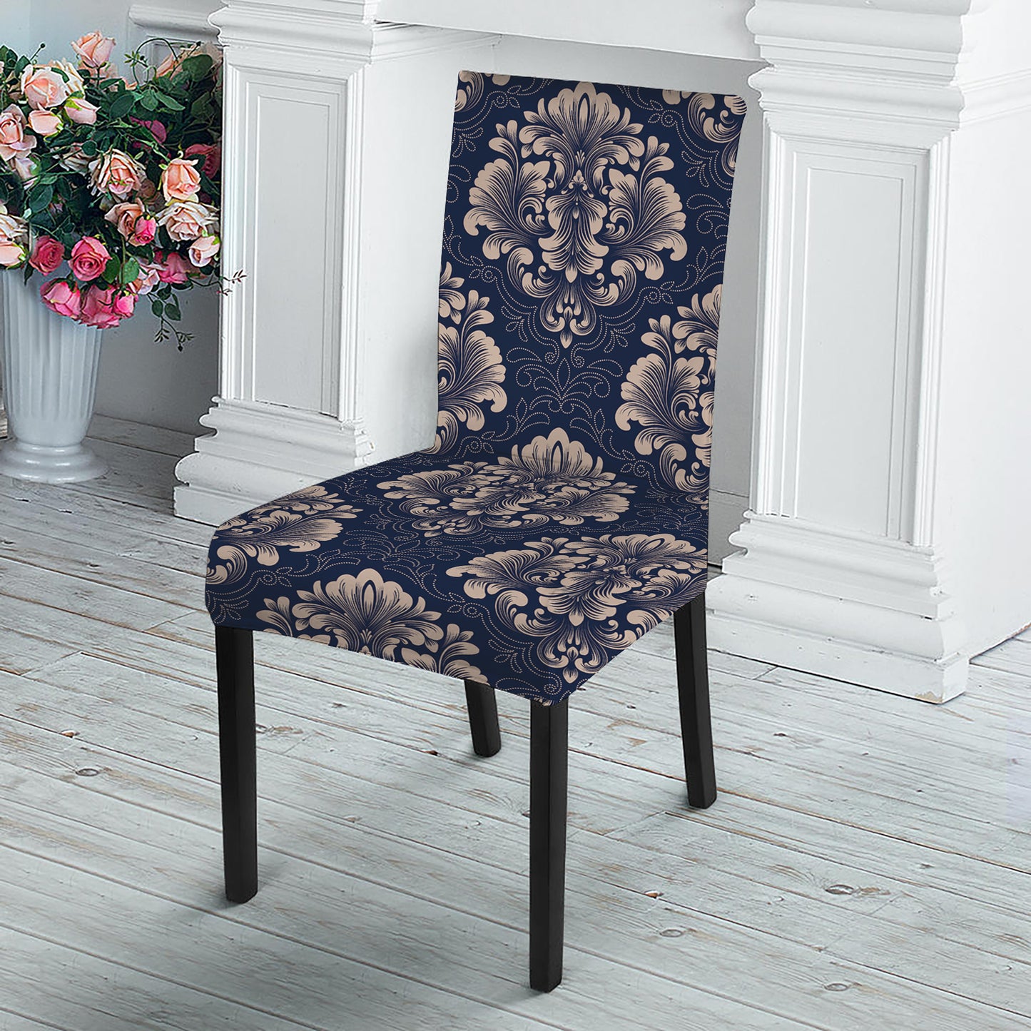 Blue And Brown Damask Pattern Print Dining Chair Slipcover
