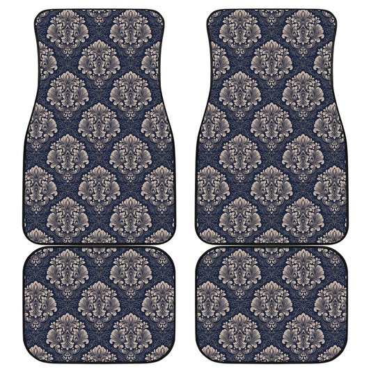 Blue And Brown Damask Pattern Print Front and Back Car Floor Mats