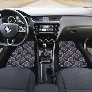 Blue And Brown Damask Pattern Print Front and Back Car Floor Mats