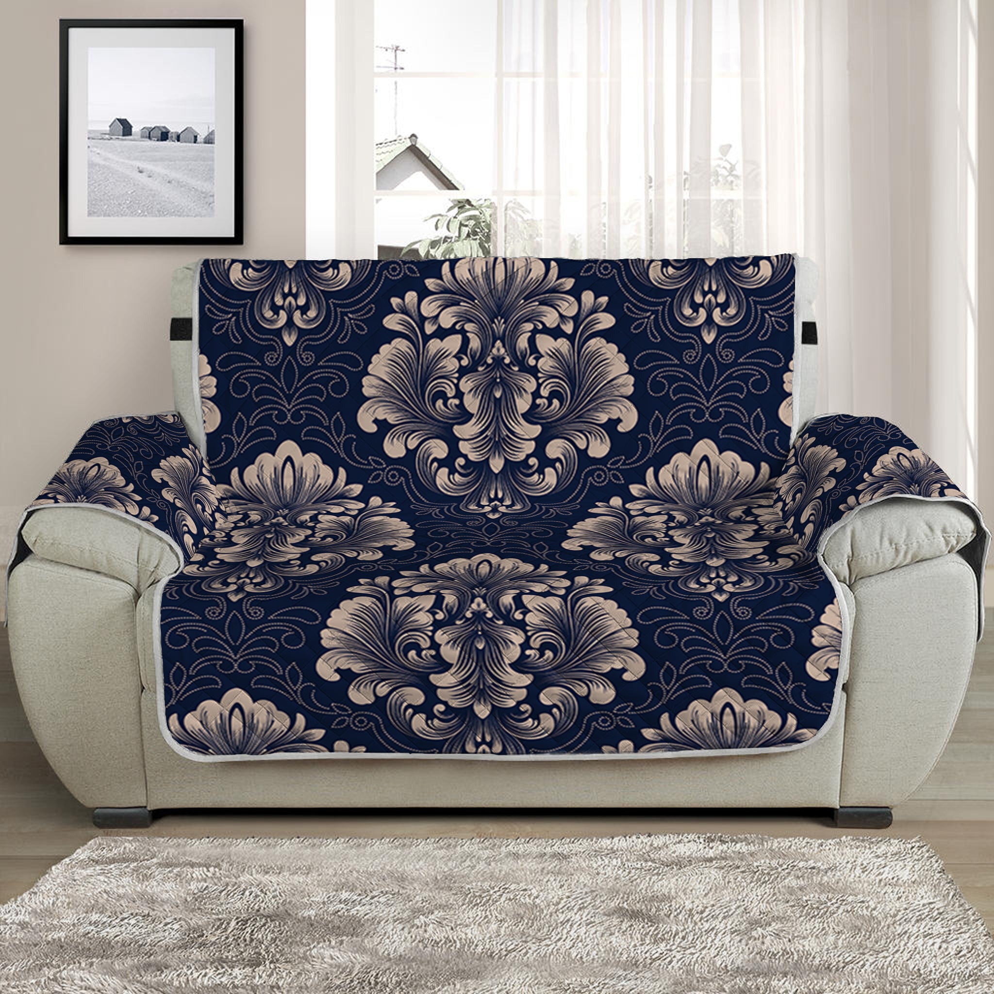 Blue And Brown Damask Pattern Print Half Sofa Protector