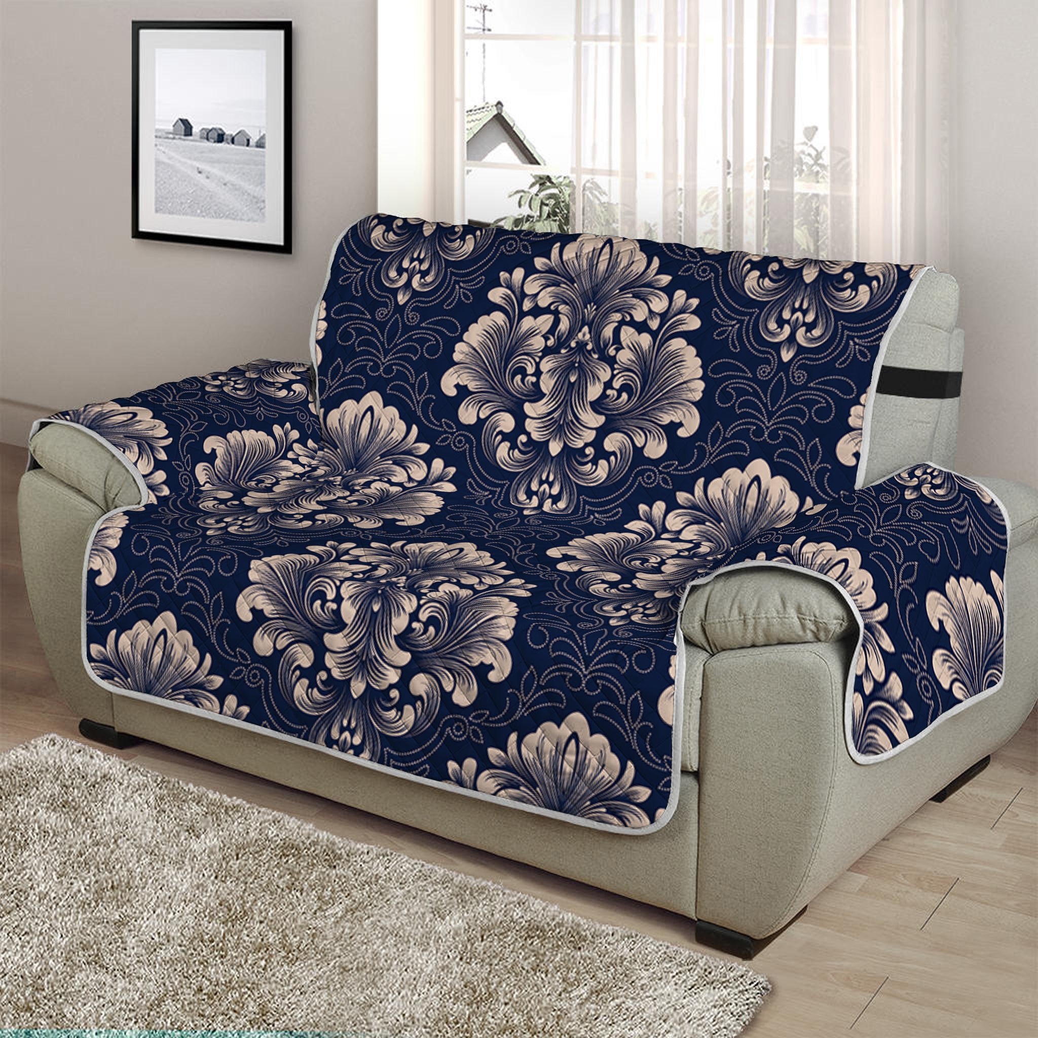 Blue And Brown Damask Pattern Print Half Sofa Protector