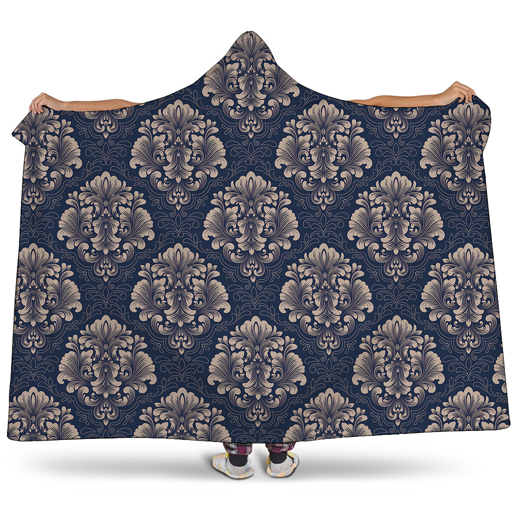 Blue And Brown Damask Pattern Print Hooded Blanket