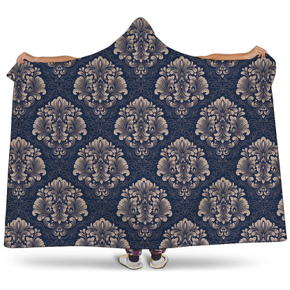 Blue And Brown Damask Pattern Print Hooded Blanket