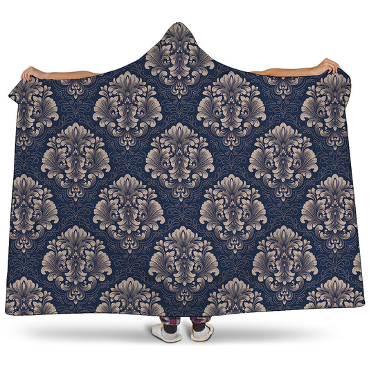 Blue And Brown Damask Pattern Print Hooded Blanket