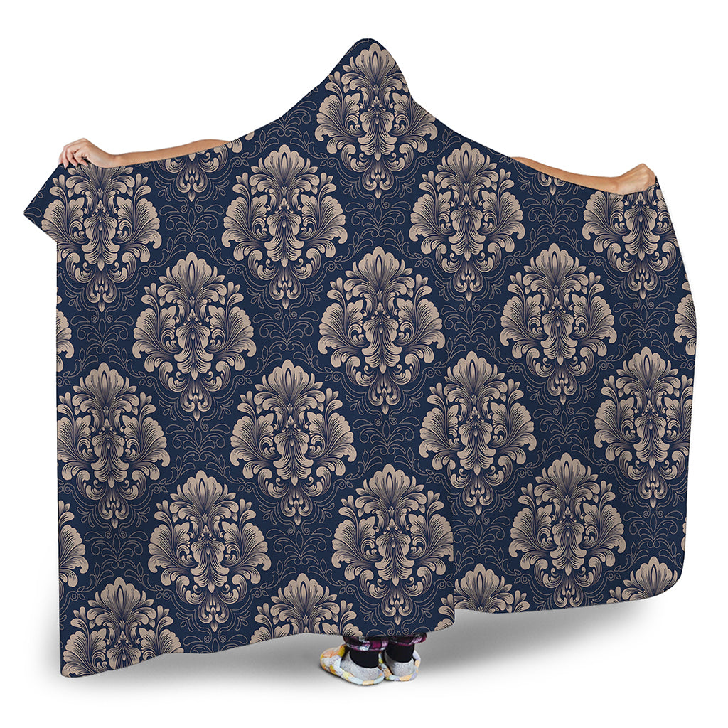 Blue And Brown Damask Pattern Print Hooded Blanket
