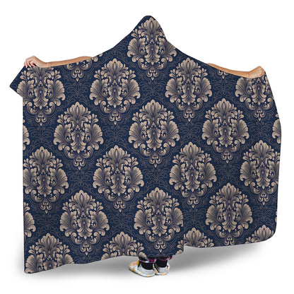 Blue And Brown Damask Pattern Print Hooded Blanket