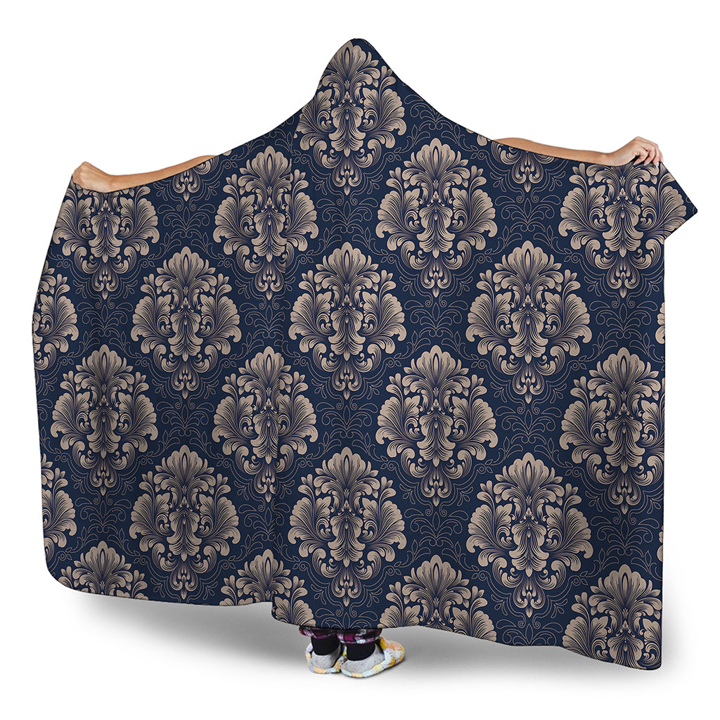 Blue And Brown Damask Pattern Print Hooded Blanket
