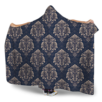 Blue And Brown Damask Pattern Print Hooded Blanket
