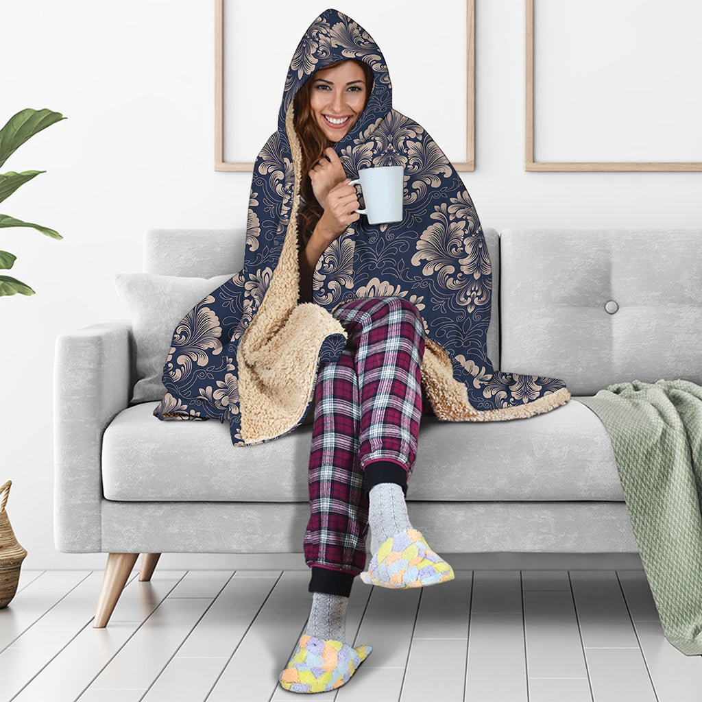 Blue And Brown Damask Pattern Print Hooded Blanket