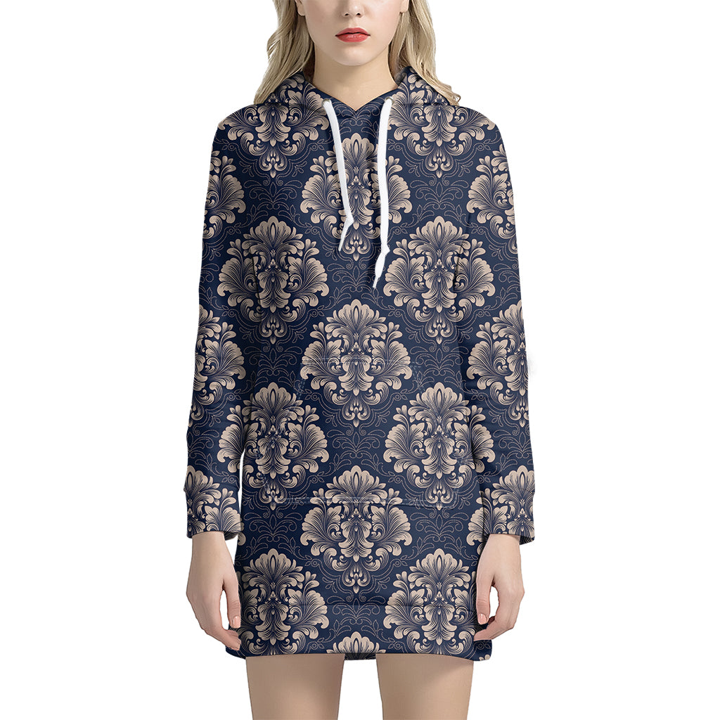 Blue And Brown Damask Pattern Print Hoodie Dress
