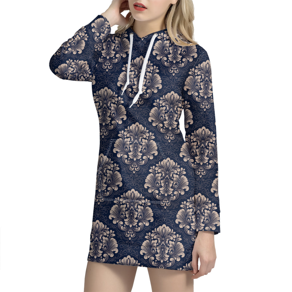 Blue And Brown Damask Pattern Print Hoodie Dress