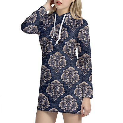 Blue And Brown Damask Pattern Print Hoodie Dress