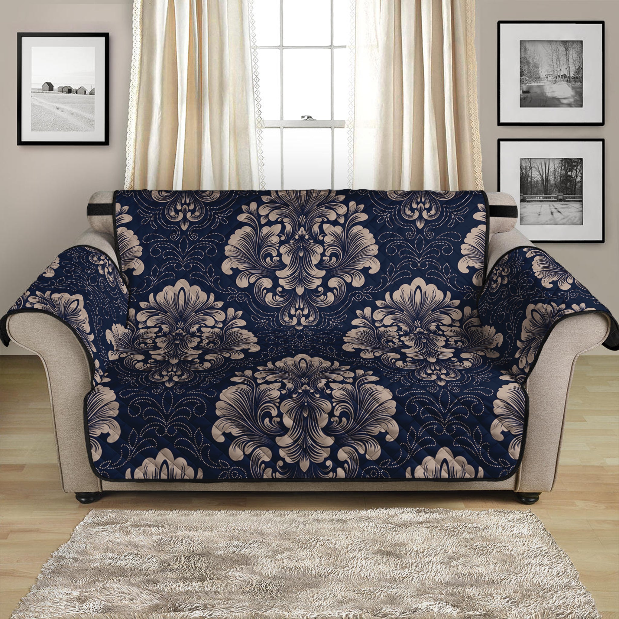 Blue And Brown Damask Pattern Print Loveseat Protector