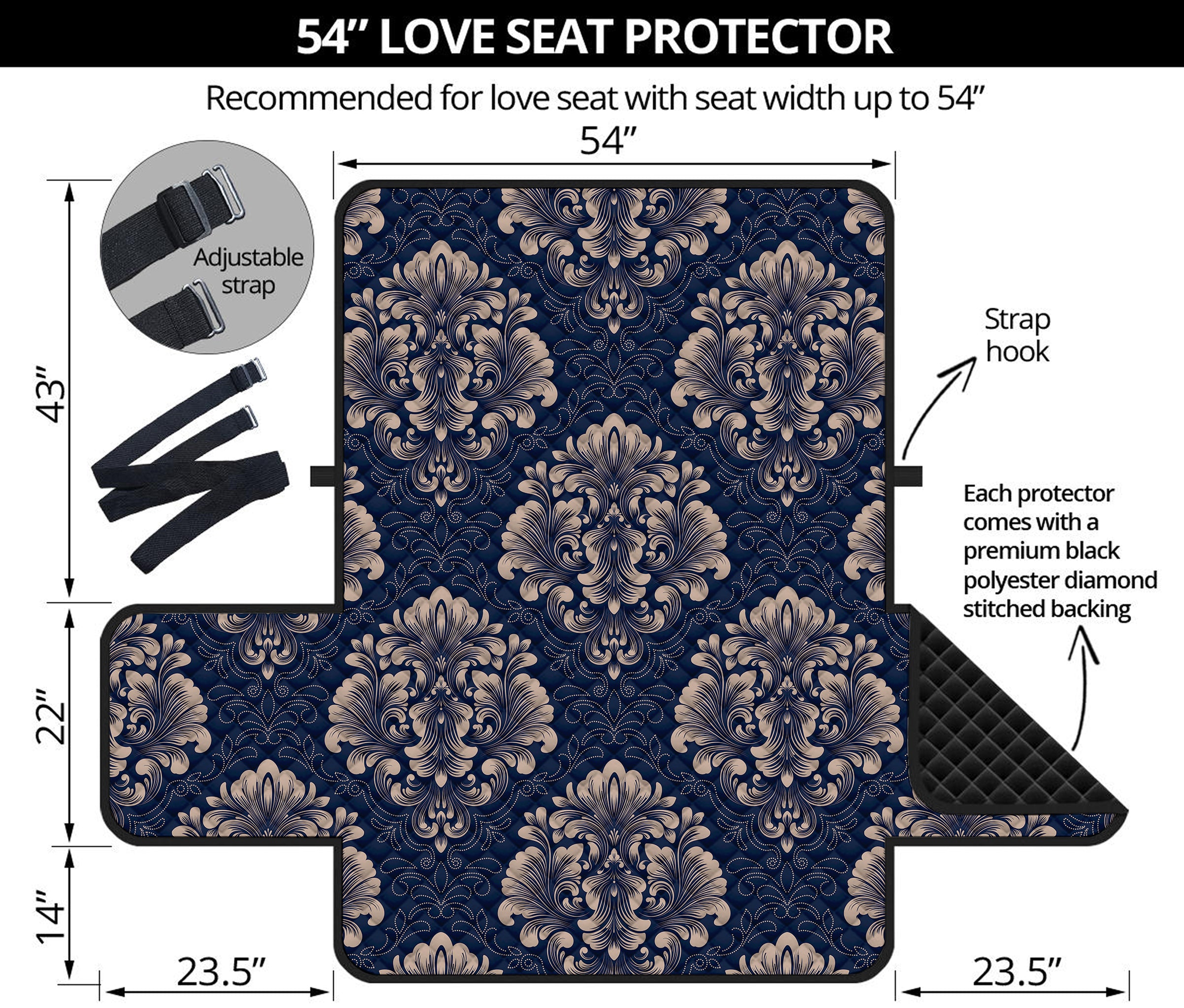 Blue And Brown Damask Pattern Print Loveseat Protector