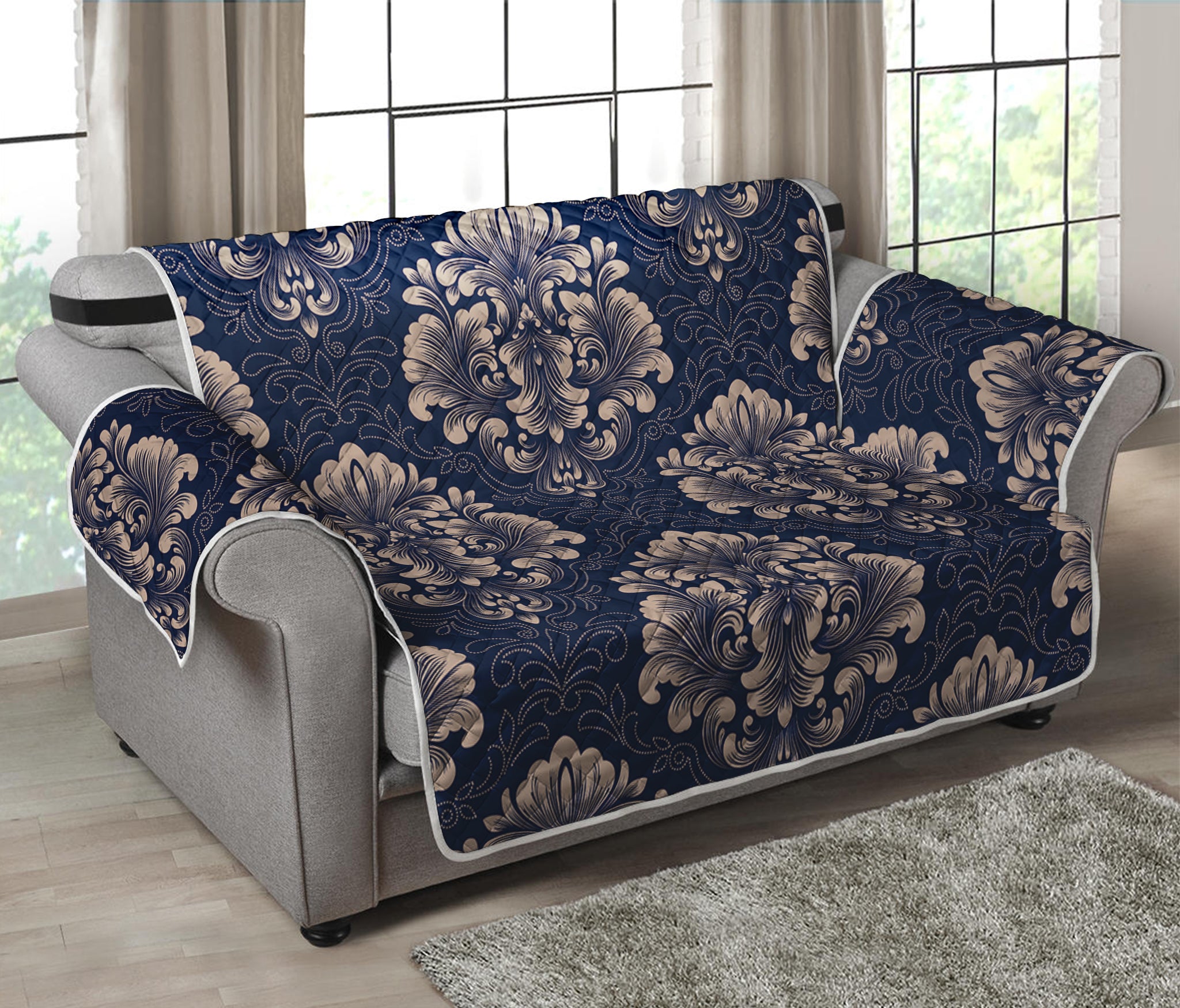 Blue And Brown Damask Pattern Print Loveseat Protector