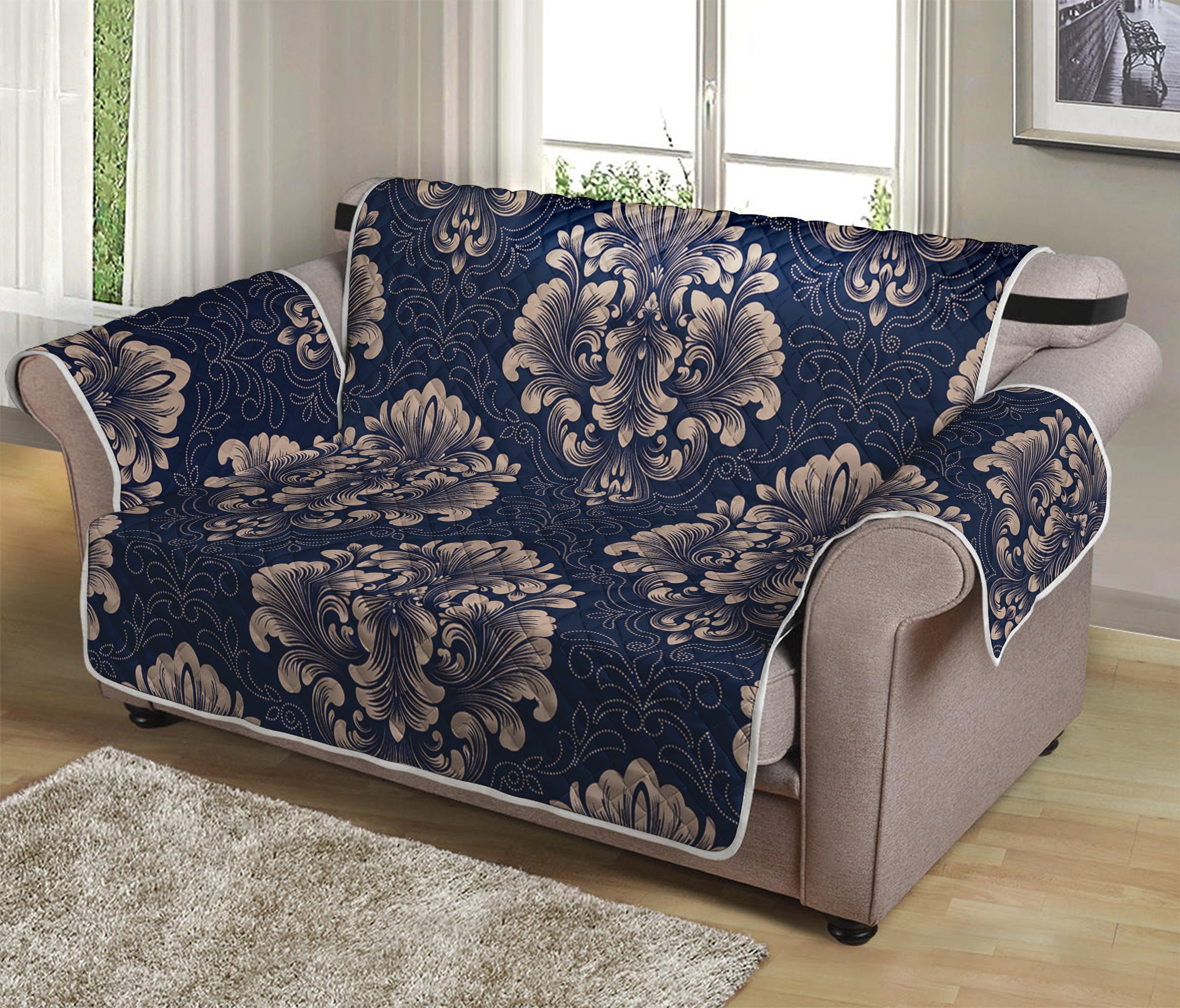 Blue And Brown Damask Pattern Print Loveseat Protector