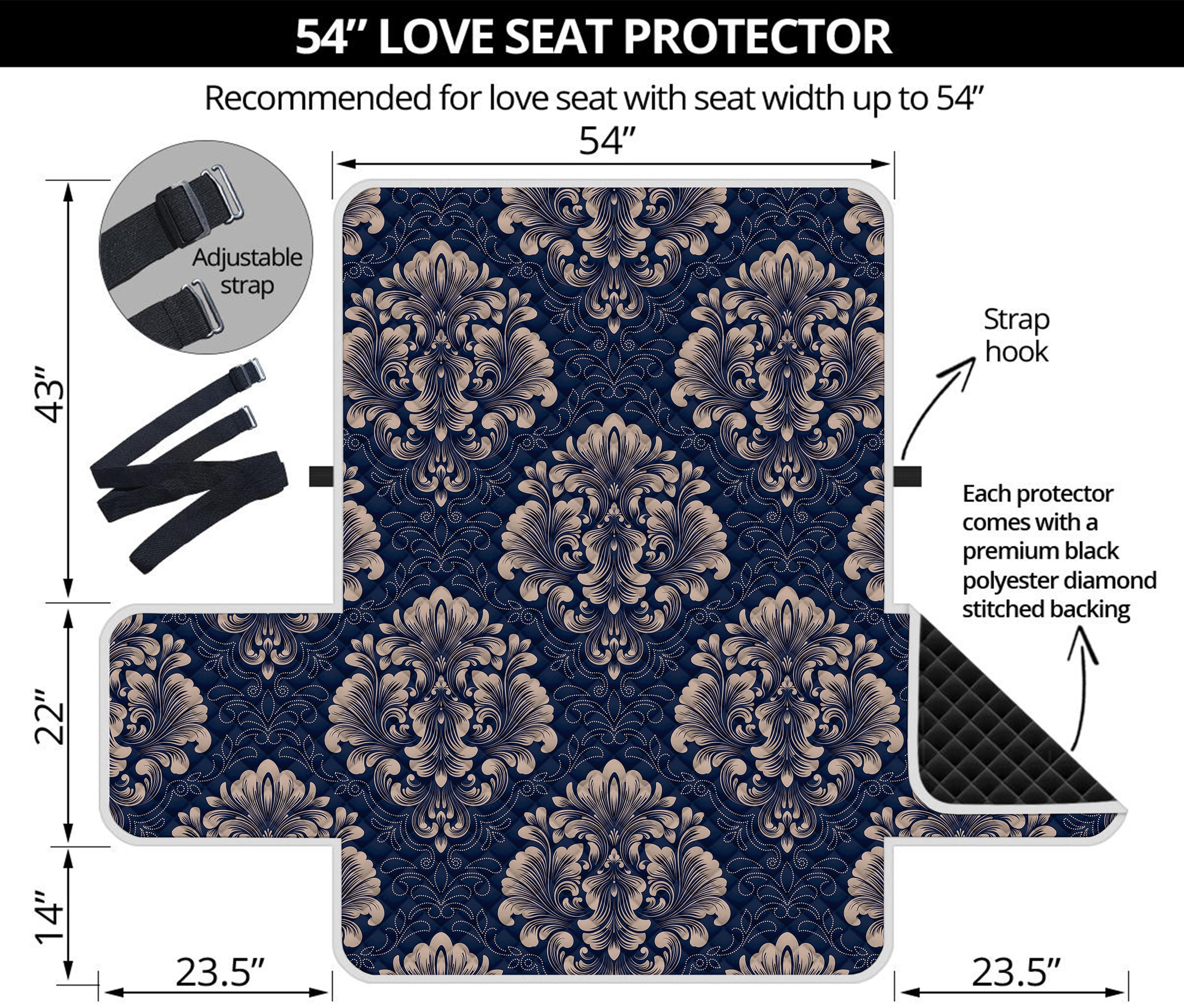 Blue And Brown Damask Pattern Print Loveseat Protector