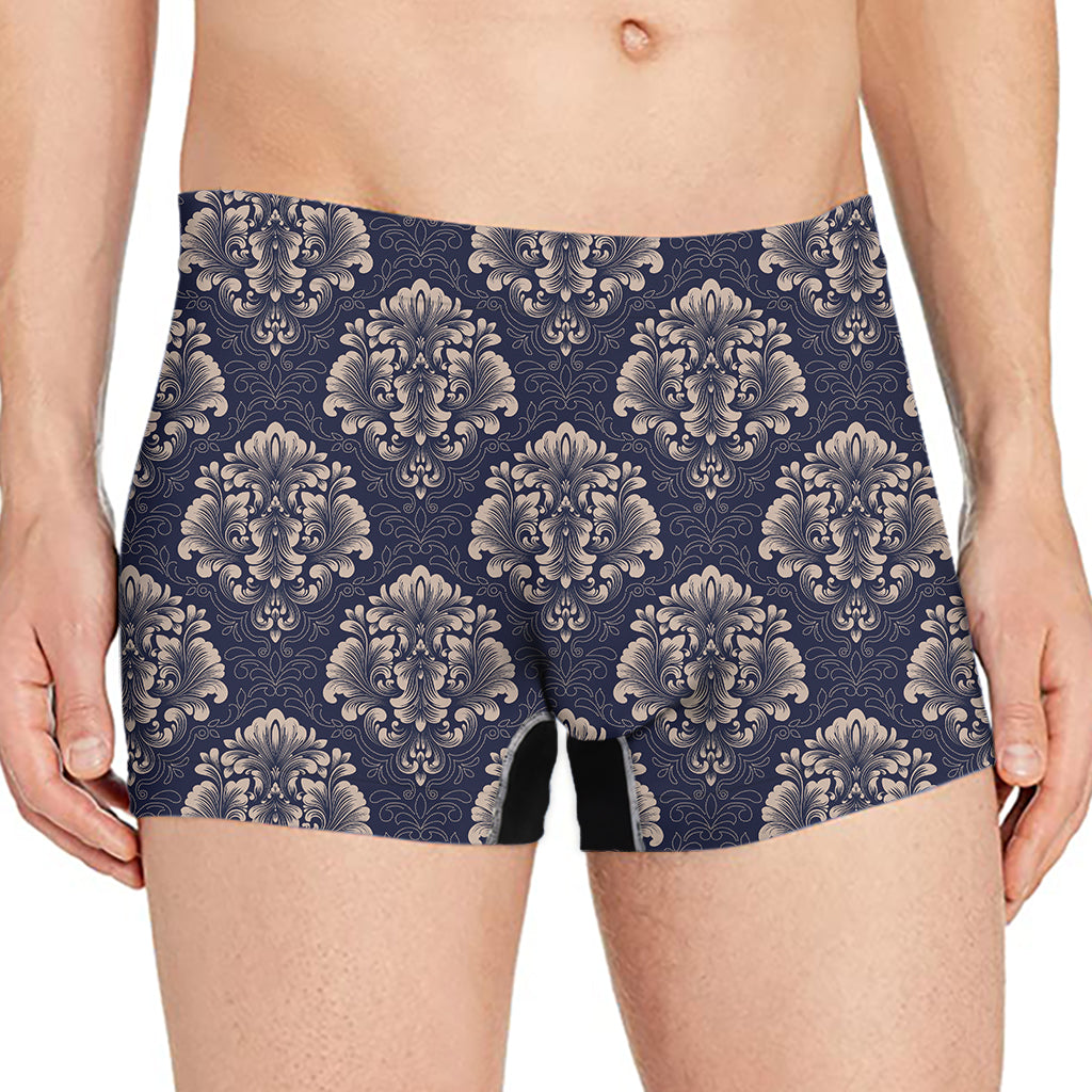 Blue And Brown Damask Pattern Print Men's Boxer Briefs