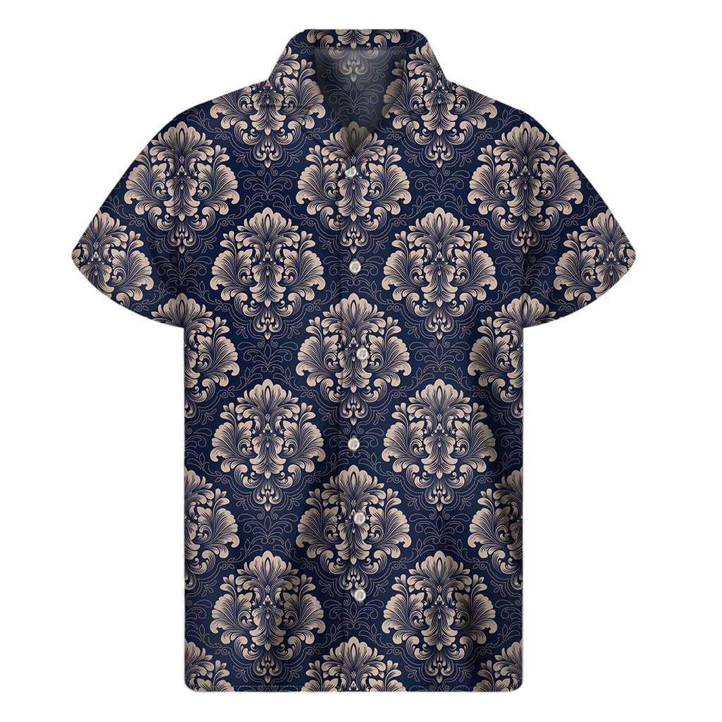 Blue And Brown Damask Pattern Print Men's Short Sleeve Shirt