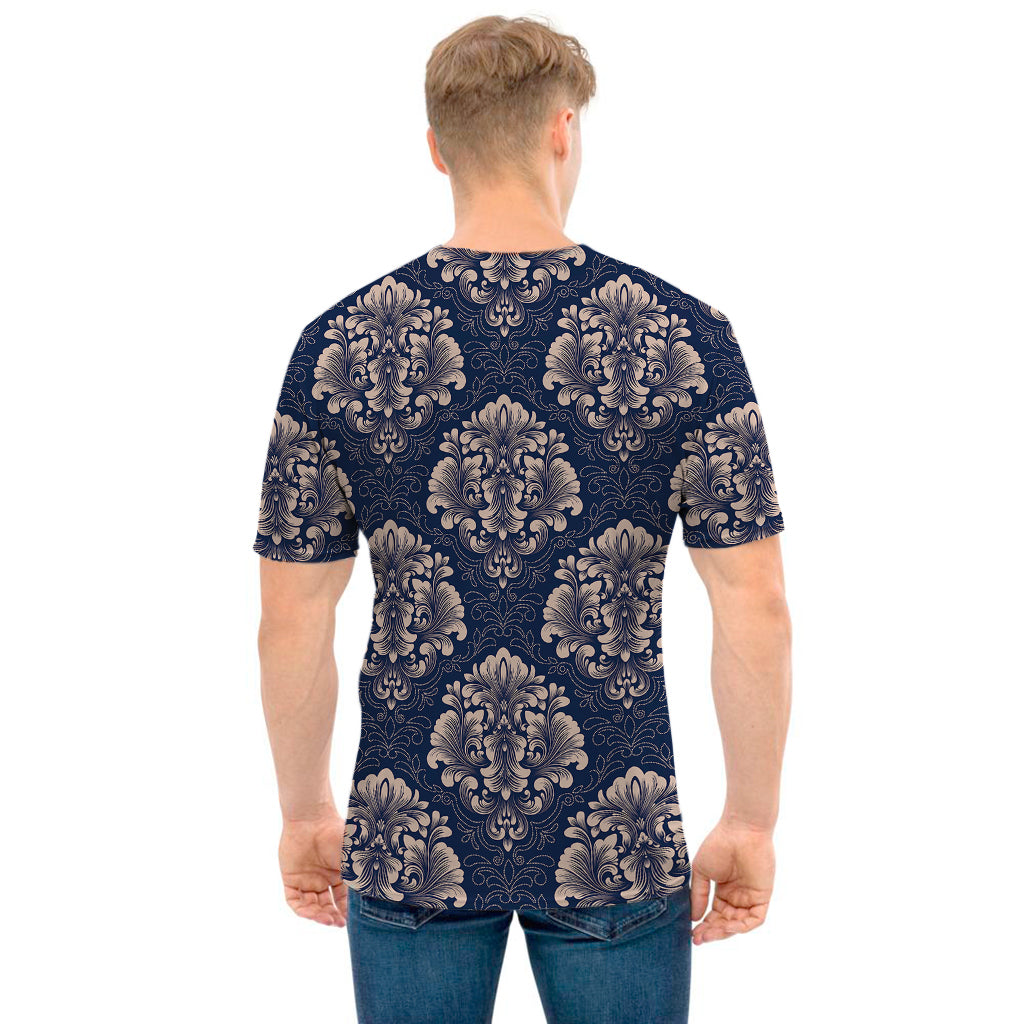 Blue And Brown Damask Pattern Print Men's T-Shirt