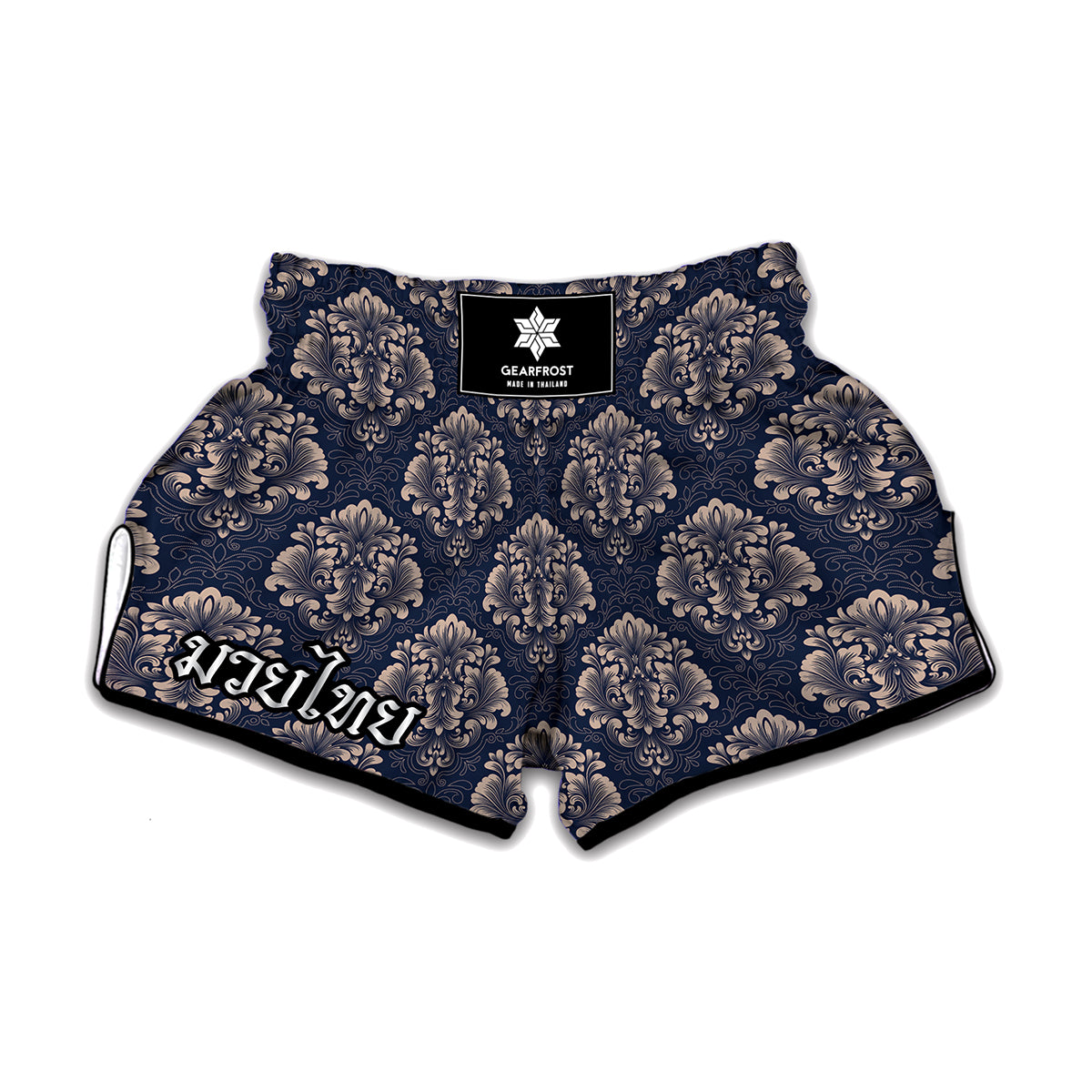 Blue And Brown Damask Pattern Print Muay Thai Boxing Shorts