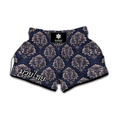 Blue And Brown Damask Pattern Print Muay Thai Boxing Shorts