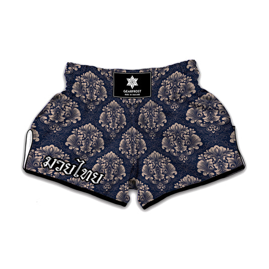 Blue And Brown Damask Pattern Print Muay Thai Boxing Shorts