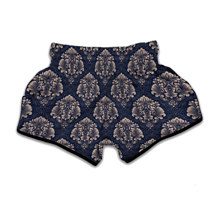 Blue And Brown Damask Pattern Print Muay Thai Boxing Shorts