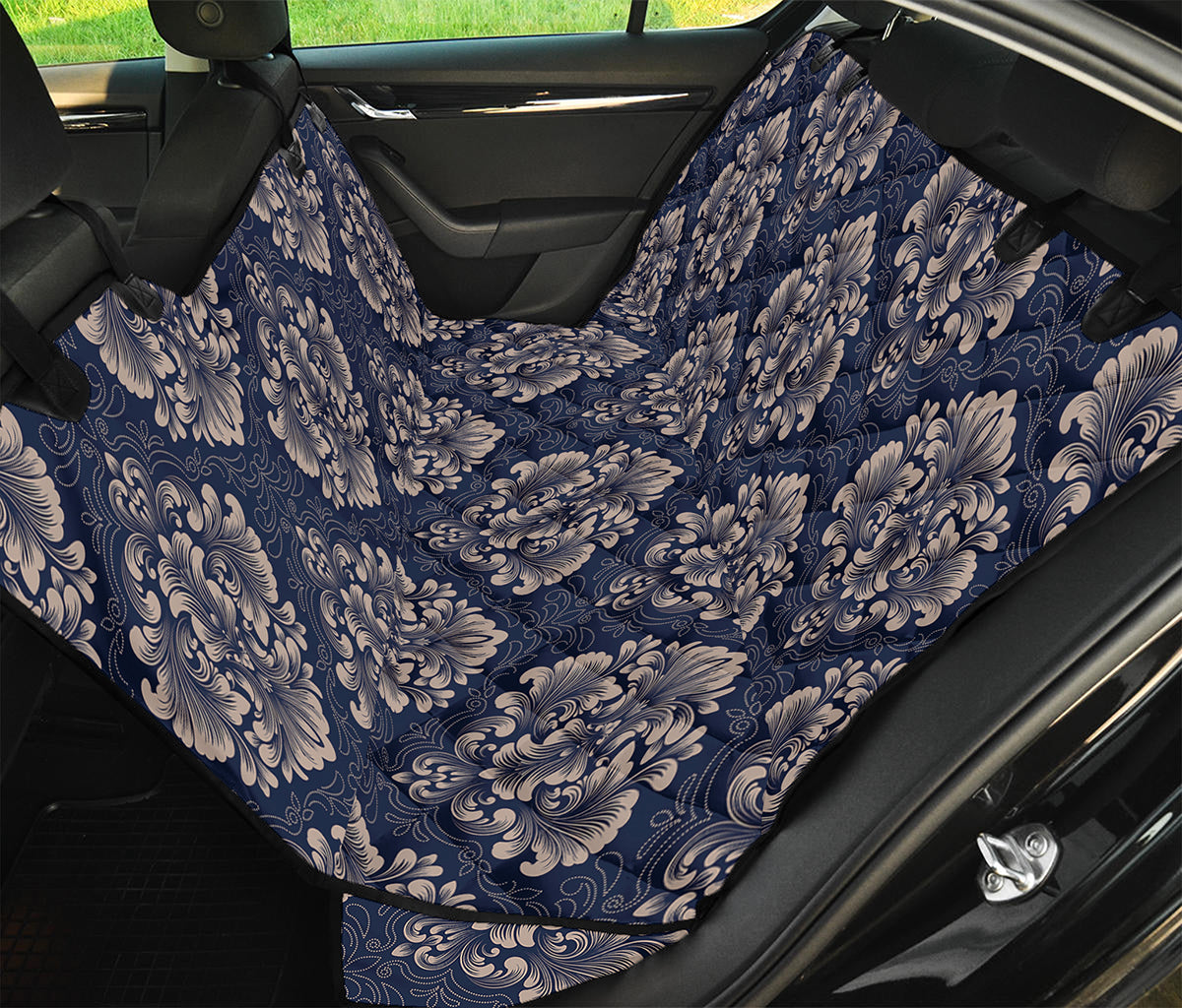 Blue And Brown Damask Pattern Print Pet Car Back Seat Cover