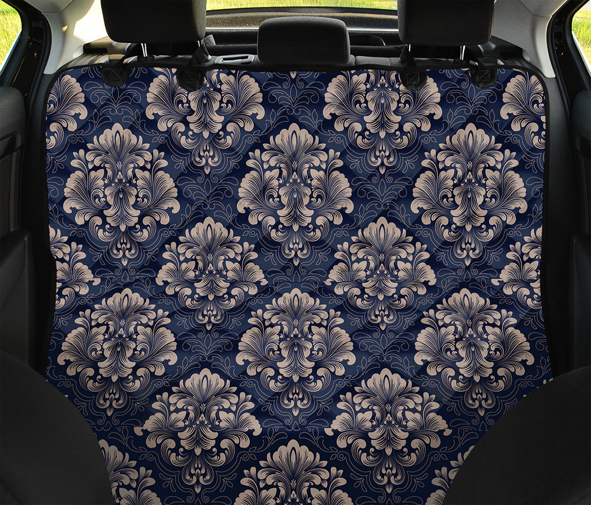 Blue And Brown Damask Pattern Print Pet Car Back Seat Cover
