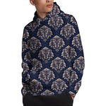 Blue And Brown Damask Pattern Print Pullover Hoodie