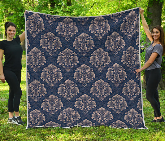 Blue And Brown Damask Pattern Print Quilt