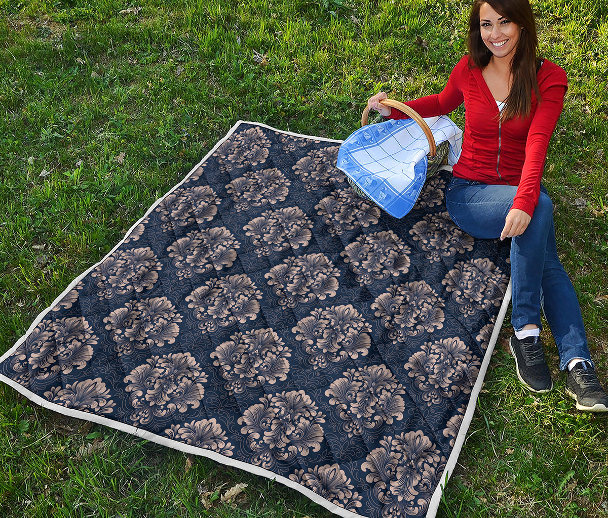 Blue And Brown Damask Pattern Print Quilt