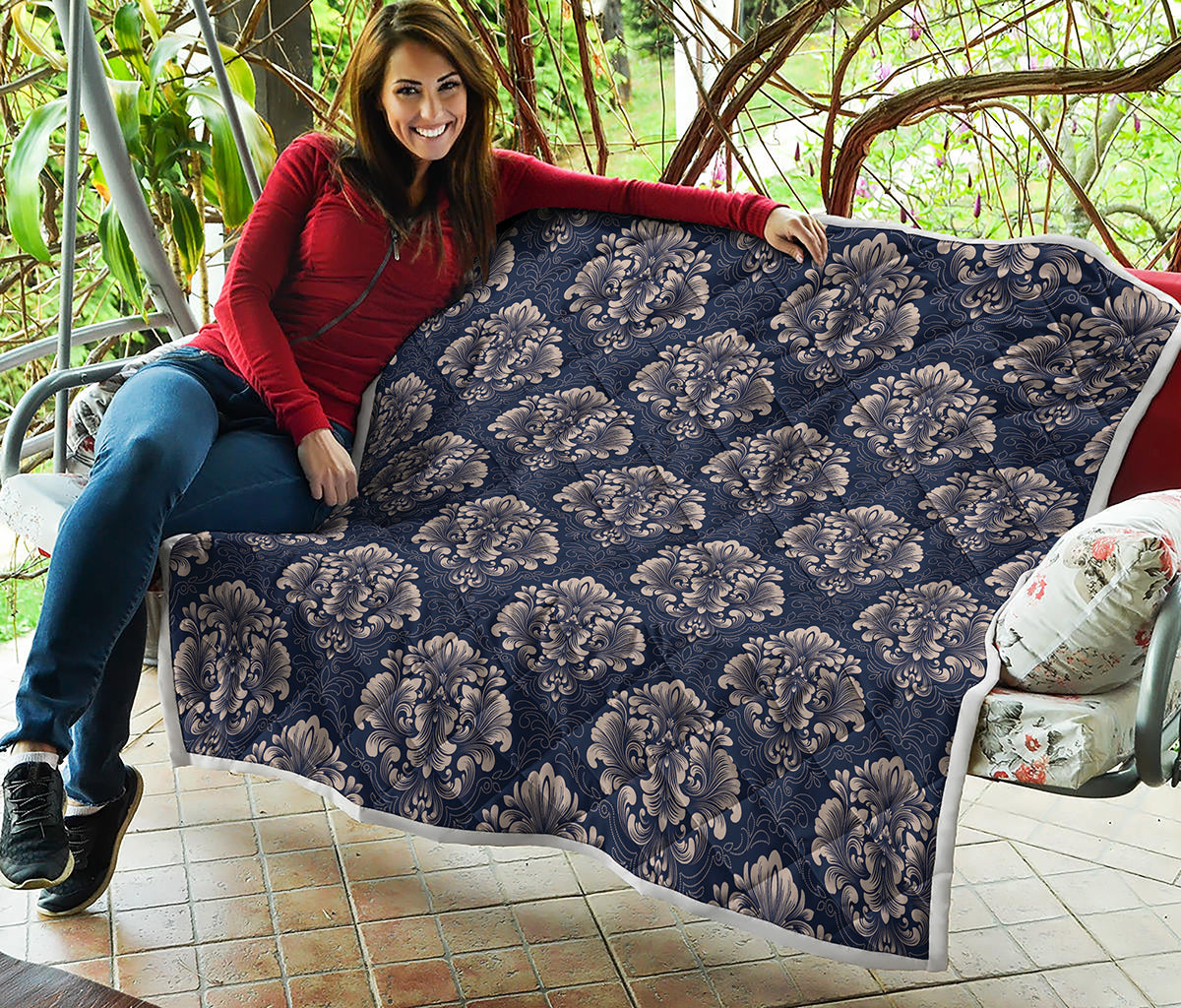 Blue And Brown Damask Pattern Print Quilt