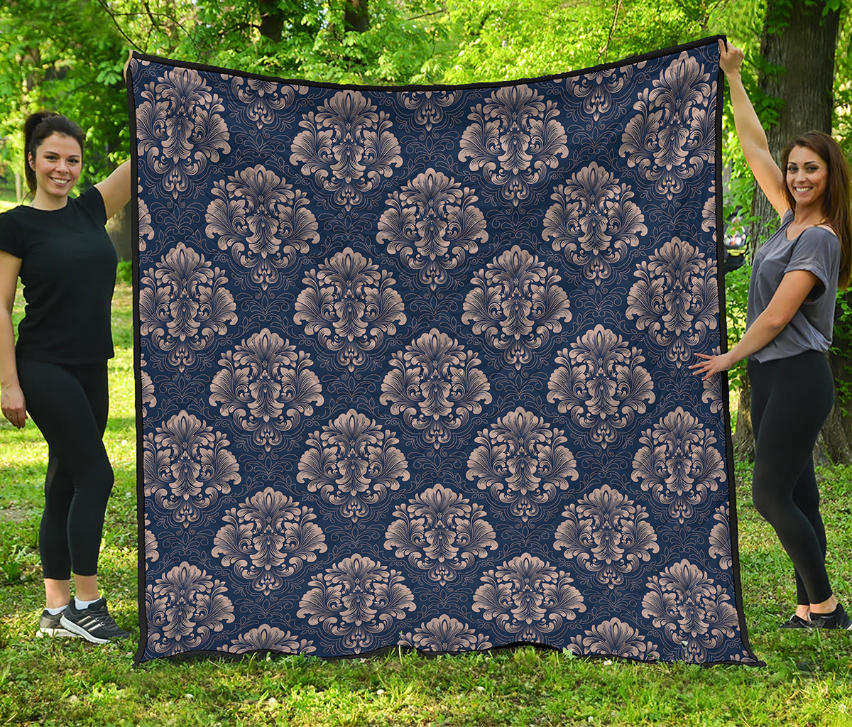 Blue And Brown Damask Pattern Print Quilt