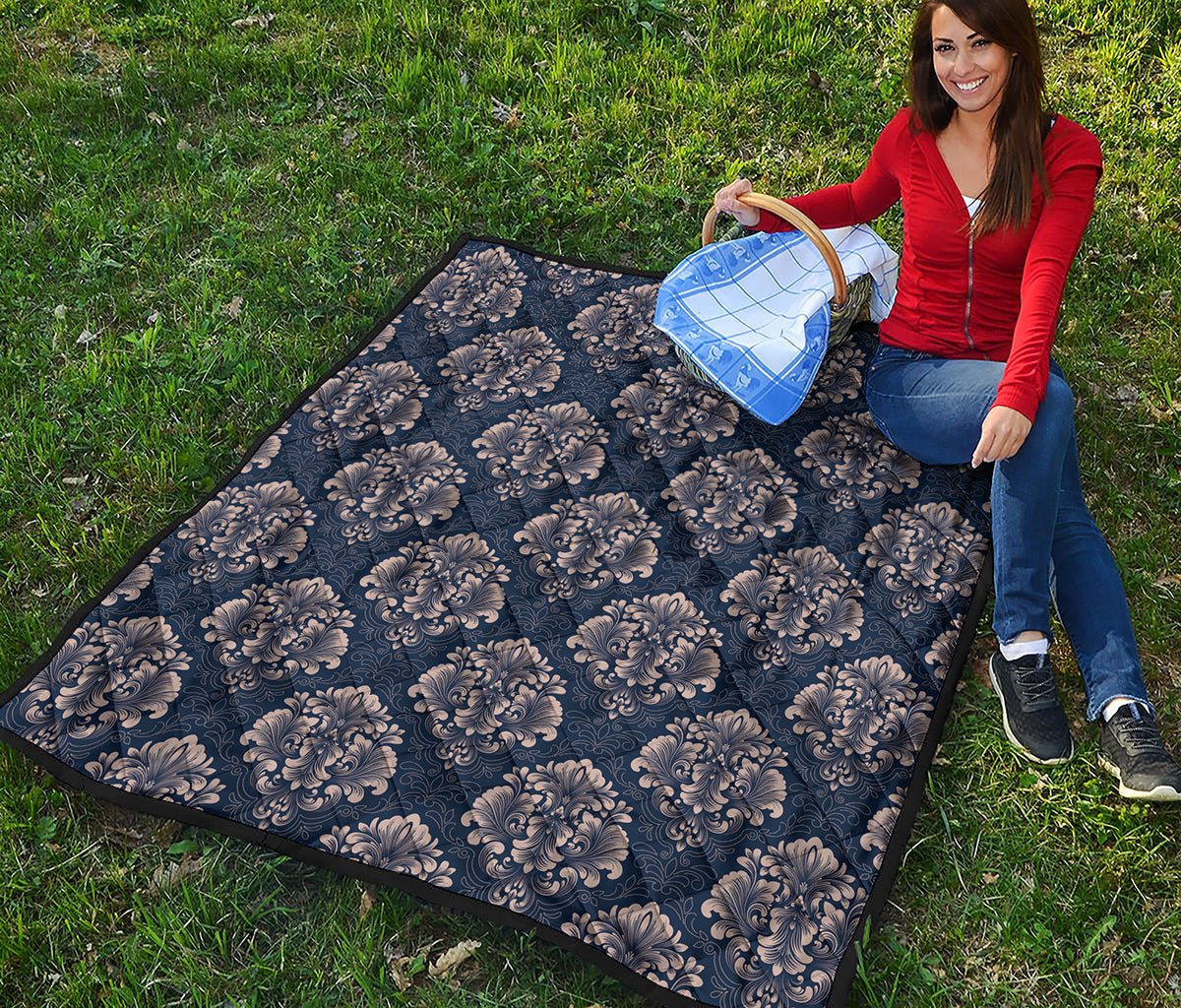 Blue And Brown Damask Pattern Print Quilt
