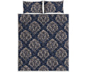 Blue And Brown Damask Pattern Print Quilt Bed Set