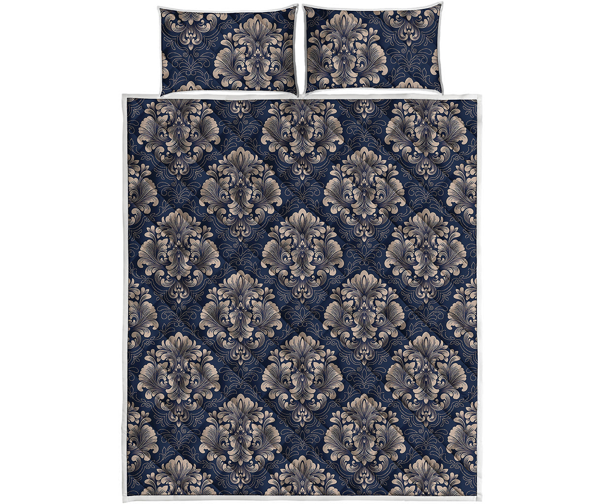 Blue And Brown Damask Pattern Print Quilt Bed Set