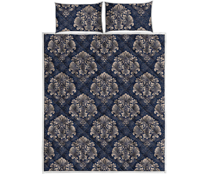 Blue And Brown Damask Pattern Print Quilt Bed Set